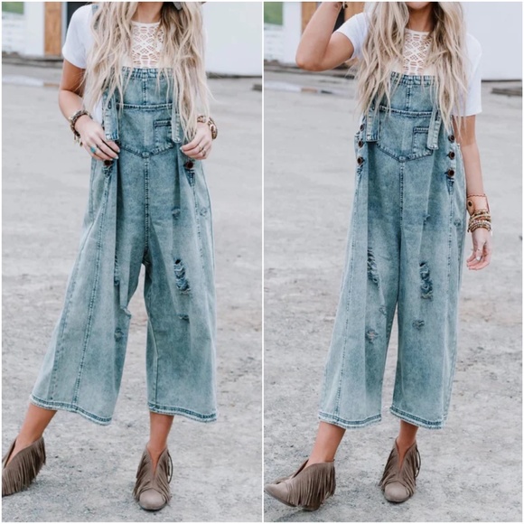 Denim - 023 Vintage Blue Wash Pocket Oversized Wide Leg Overalls
